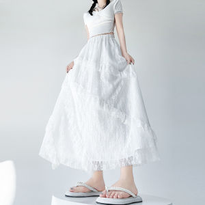 miiow | White Asymmetrical Lace Half Skirt Womens Summer New A-Line Long Skirt High Waist Draping Cake Skirt Sweet Japanese Style