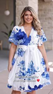 Plus Size Womens Vintage Floral Art Print V-Neck Elegant and Chic Short Sleeve Flowing Midi Dress