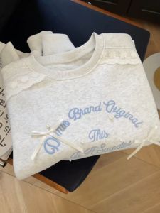 round Neck Lace Trim Sweatshirt Womens Long Sleeve Butterfly Knot Korean Style Autumn Winter Cotton Inner Liner Loose Fit