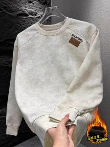 High-End Red Fleece-Lined Thickened round Neck Sweatshirt Mens Autumn Winter Business Casual Style Embroidered No Iron Treatment