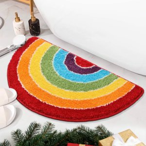 VIKAMA Cute Rainbow Heart Soft Fluffy Half Round Doormat Non Slip Absorbent Bath Rug Bedroom Bathroom Entrance Decor
