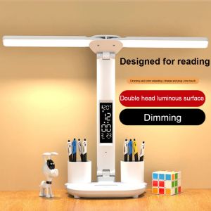 LED Table Lamp Double-Headed USB Chargeable Dimmable Desk Lamp with Calendar Clock Foldable Eye Protection Reading Night Light