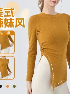 Womens Yoga Clothes Long Sleeve round Neck Running Training Sports Top plus Size Belly Control Butt Lift High Waist Fitness T-Shirt