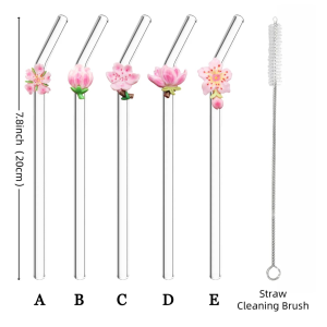 5PCS Flower Decorated Glass Straw Perfect for Juice Milk Tea Coffee Cold Drinks Bendable DesignBack-To-School Gift