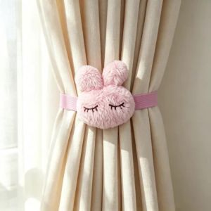 2 Pcs Pink Fluffy Bunny Curtain Tiebacks Cute Cartoon Ins Korean Style Magic Tape Reusable Curtain Holdbacks for Kids Girls Be