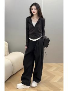 Deep Grey Slimming Pleated Zipper Half Open Collar Base Layer Womens Spring T-Shirt Splice Fake Two-Piece Shoulder-Length Sleeve