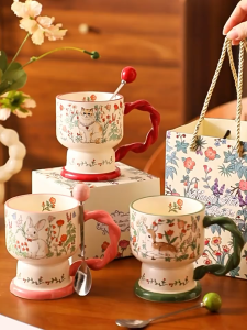 French Style Cute Cat Ceramic Mug with Spoon Gift Box Set 400ml Large Capacity Couple Mug Coffee Cup Oatmeal Cup Breakfast Cup Matcha Cup Water Drinking Mug Microwave Safe Heat Resistant Birthday Gift