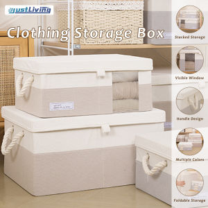 JustLiving 1Pc Foldable Storage Box with Cover Fabric Clothes Storage Box Clear Visual Window Storage Box Wardrobe Finishing Box for Blankets/ Bedding/ Pillow/ Clothing/ Toys