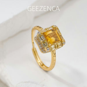 GEEZENCA Natural Citrine S925 Silver Resizable Ring For Women Square Shaped Yellow Crystal Stone Chic Luxury Rings 2024 New Gift