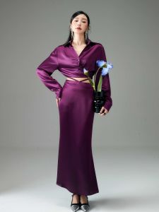 Acetate Satin Long Sleeve V-neck Belted Shirt High Waist Bodycon Mini Skirt Two-piece Set Purple Color Professional Womens Skirt Suit