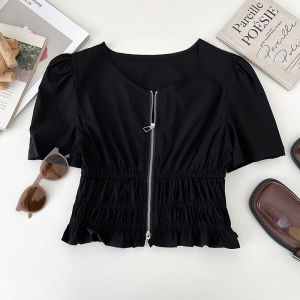 เสื้อเชิ้ตแขนพองสั้นทรงสลิมฟิตสำหรับผู้หญิงในฤดูร้อน เสื้อเชิ้ตคอโปโลแบบมีซิปสำหรับใส่ไปทำงาน เสื้อเชิ้ตแฟชั่นสำหรับผู้หญิง