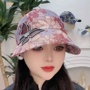 Korean Style Lace Butterfly Large Brim Sunshade Womens Spring Summer Diamond Fishing Cap Trendy Hat with Mask Hanging Slot