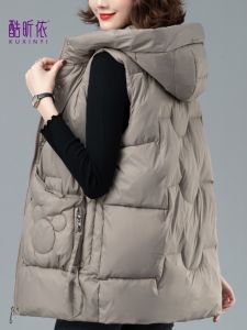 เสื้อกั๊กผ้าฝ้ายขนเป็ดหนาสำหรับผู้หญิง ฤดูใบไม้ร่วง/ฤดูหนาว เสื้อกั๊กแบบสวมหัว ทรงหลวม แขนยาว ปกตั้ง ทรงหลวม เสื้อกั๊กผู้หญิง