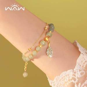 (Beli 2 dapat bonus) T37 COD Gelang giok daun hijau titanium wanita Perhiasan Bracelets Hadiah