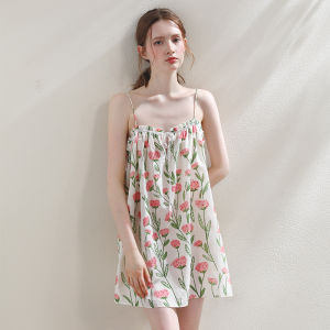 XEXZ | ชุดนอนแขนกุดผ้าไหมคอตตอนผสมลูกไม้พิมพ์ลายดอกไม้สำหรับใส่ในบ้านและกลางแจ้ง ชุดนอนผู้หญิงฤดูร้อน แขนกุด คอวี ไม่มีซิป