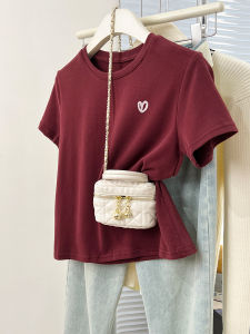Red Pure Cotton Short Sleeve T-Shirt Womens Summer Design Loose Top Heart Print Casual Commute Style Creative Pattern
