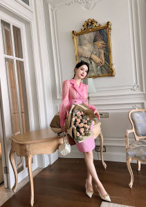 ZY·HT Dinner Dress Womens Elegant 2024 New Pink Plaid Long Sleeve Dress 20185