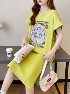 Letter Print Pure Cotton T-shirt Skirt Womens Summer New Arrival Loose Casual Slimming Slit Overknee Skirt Short Sleeve Dress