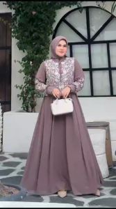 Gamis Reira Bordir Set Hijab Elegan Mewah Dress Lebaran Dan Kondangan Bahan Ceruty Babydoll Premium
