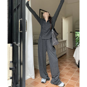 ชุดลำลองสองชิ้นสำหรับผู้หญิงไซส์ใหญ่ ฤดูใบไม้ผลิและฤดูใบไม้ร่วง กางเกงขายาวเอวสูง ทรงหลวม แขนยาว ปกตั้ง