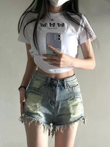 American Style Hot Girl Denim Shorts Women Summer New Large Size Fat MM Slim High Waist Hole Wide Leg Pants A-Line Pants