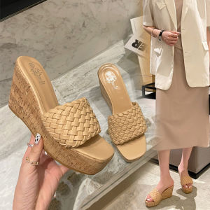Casual Knitted Muffin Heel Sandals for Women Spring Summer 2023 New Style With Thick Sole and High Heel Rubber Base