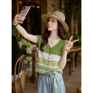 YUEZHONGWEI | Áo Blouse Nữ Cổ V Kẻ Xanh Có Ren Làm Mát