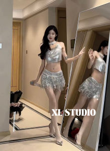 Bộ Đồ Hai Mảnh Hở Eo Bằng Kim Loại Ngắn Cổ Treo Thời Trang Đi Club Mùa Hè 2024 Bộ Đồ Biểu Diễn Sân Khấu