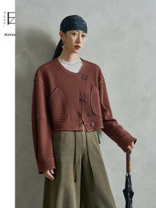 Wool Knitted Short Coat with Diagonal Placket Red Casual Womens Top