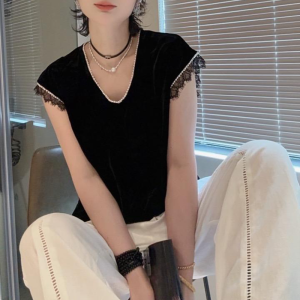 Shalldoer | Lace Splicing Beaded Design Short Sleeve T-Shirt Womens Fashionable Summer Top Light Luxury Style Korean Version Straight Cut