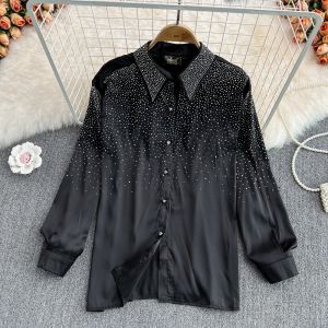 Spring Fashion Slimming Loose Single-Button Long Sleeve Womens Shirt Sparkling Diamond Korean Style Commute Pure Color