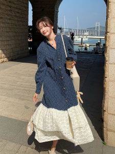 French Vintage Lace Splicing Loose Jeans Skirt Womens Long Sleeve Cotton Dress Spring New Style A-Line Gown Elegant Atmosphere