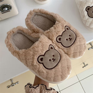 Warm Cotton Slippers with Fur Wrap Heel Indoor Home Shoes for Couples Winter Cute Bear Design Soft Cozy Slippers for Men And Women