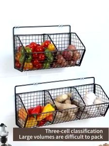 kitchen condiments organizer rack wall hanging seasoning storage onion fruit basket vegetable shelf