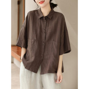 Basic House Casual Artistic Style Womens Short Sleeve Loose Fit Thin Shirt Coffee Color Autumn Five-Quarter Sleeve Top
