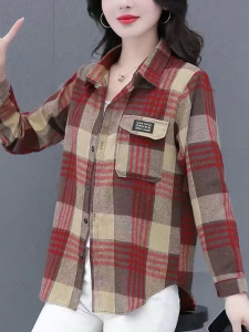 Classic Plaid Long Sleeve Shirt Womens Loose Fit Versatile Spring New Style Moms Clothing Age-Defying Top Coat