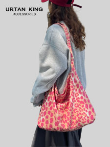 Fashionable Pink Leopard Print Canvas Tote Bag Womens Commuter Single Shoulder Slant Bag Large Capacity Shopping Bag