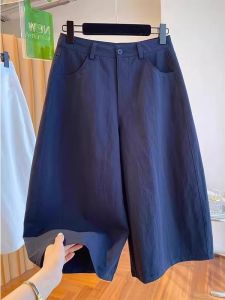 Dark Navy 7/8 Length Summer Lightweight Wide Leg Loose Straight Casual Pants