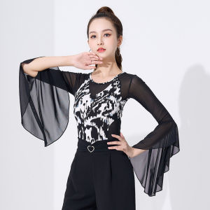Dance Clothes Women Adult Body Training Black Trumpet Sleeve Modern Latin Dance Dress Top
