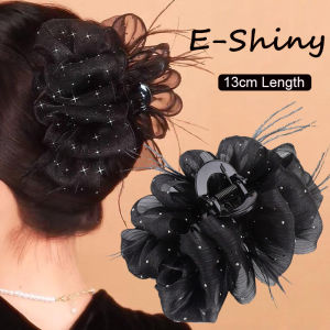 ผมหางม้าขนนกสีดำหรูหรา13ซม. ประดับพลอยเทียมรูปก้อนเมฆกิ๊ฟติดผมเป็นของขวัญ