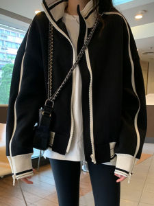 Áo Khoác Bóng Chày Thể Thao Màu Đen Cho Nữ Cổ Đứng Khóa Kéo Dày Dặn Phong Cách Hip Hop Áo Khoác Ngoài Mùa Thu Đông