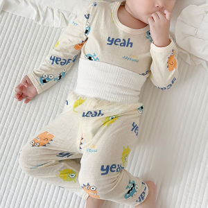 Summer Childrens Cotton Pajamas Set High Waist Belly Protection Long Sleeve Home Clothes Cartoon Print Cool Air Conditioner Suit