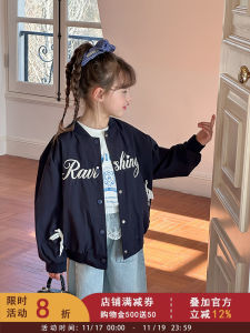 Korean Style Girls Jacket Top Fashionable Casual Baseball Uniform 3D Bow Tie Childrens Outerwear Spring Autumn Clothes