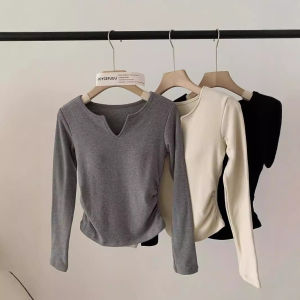 Thickened Long Sleeve V-Neck Fleece Lined Womens Thermal Top with Chest Pad Slim Fit Comfortable Cold Proof Base Shirt