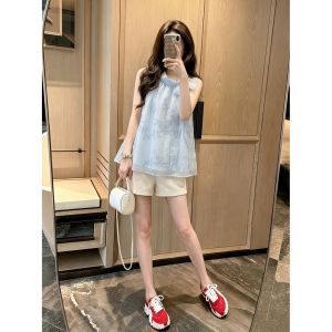 HUANJI | French Style Elegant Sleeveless Halter Neck Blue Top