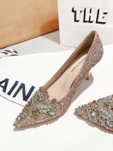 Lamb Leather Wedding Bridal Heels with Glitter and Rhinestones