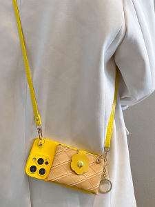 17Promax Phone Case with Crossbody Strap Womens Style Diamond Pattern Protective Cover Silicone Material Ins Yellow Flower Card Holder