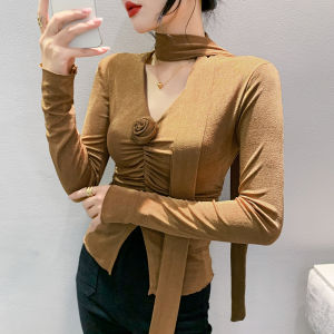 YIMEI Pleated Flower Womens V-Neck T-shirt 2023 New Autumn Long Sleeve Underlay Irregular Split Red Top