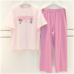 Anzibàn Summer Knitted Pure Cotton Sleepwear Casual Home Clothes Short Sleeve Long Pants Cartoon Print Womens Nightgown
