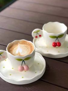 Handmade Ceramic Cherry Season Cute 3D Hand-Painted Cherry Coffee Cup/Cherry Blossom Coffee Cup Plate American Style Diningware